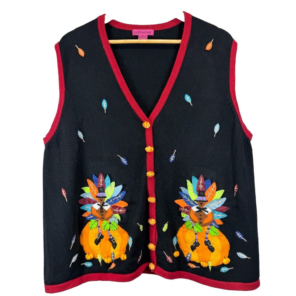 Vtg Bobbie Bell XXL Thanksgiving Sweater Turkey Pumpkin Grandma Core Y2K Vest